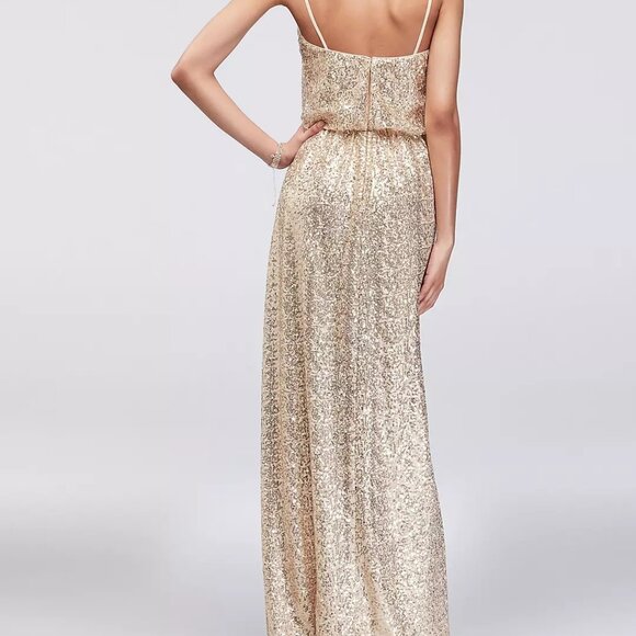 NWT $199.95 DAVID’S BRIDAL Allover Sequin Blouson Tank Bridesmaid Gold Dress 10 - Picture 2 of 11